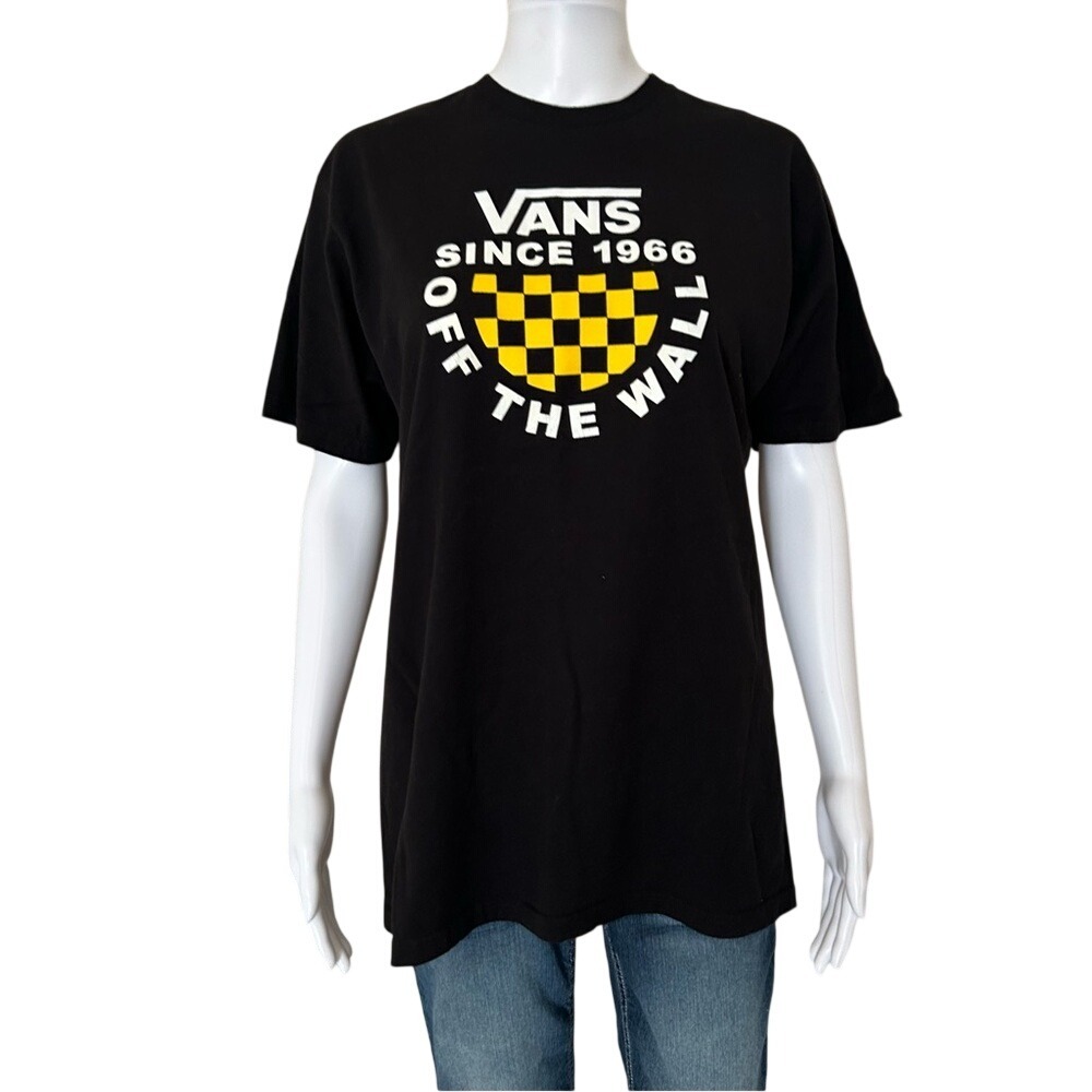 Vans Off The Wall Black Tee with Yellow Checkered Graphic T-Shirt Medium